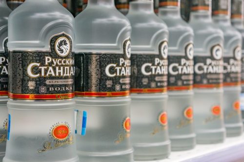 Russian Standard vodka. The famous vodka brand. Alcohol product in a Shop