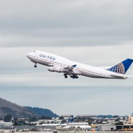 United Airlines Boeing 747 airplane at the San Francisco International Airport takeoff in San Francisco, United States