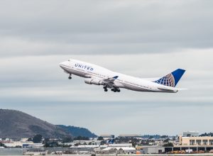 United Airlines Boeing 747 airplane at the San Francisco International Airport takeoff in San Francisco, United States