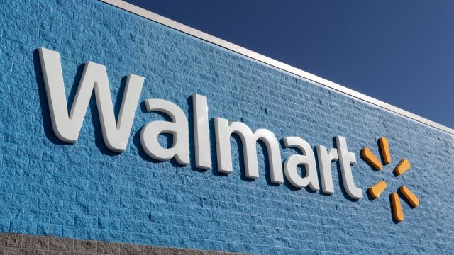 The exterior sign of a Walmart store