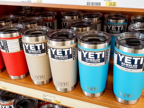 Yeti brand tumblers on display at a local camping retail store
