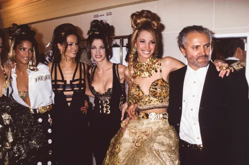 Gianni Versace and supermodels Stephanie Seymour and Christy Turlington in Paris in January, 1992