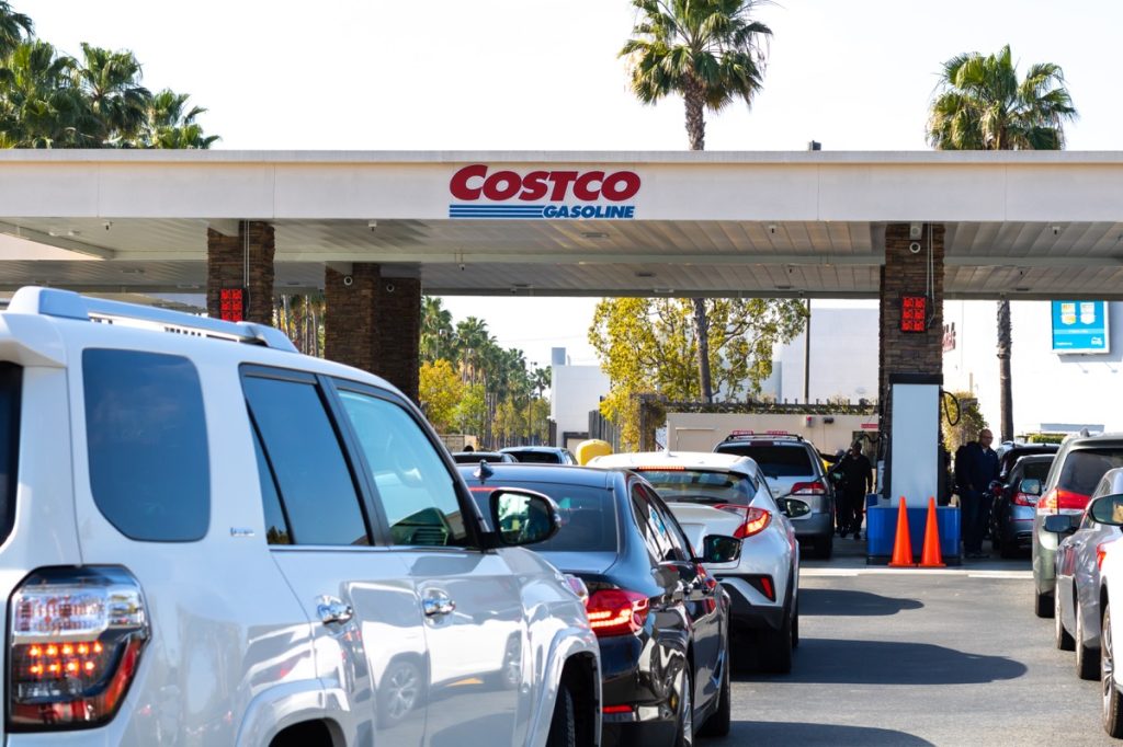 Close up view of Costco Gasoline packed with vehicles