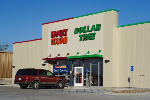 the grand opening of a Family Dollar and a Dollar Tree combined into one retail store.
