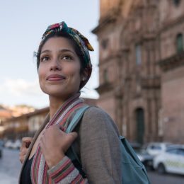 happy woman staring into the distance