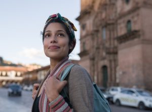 happy woman staring into the distance