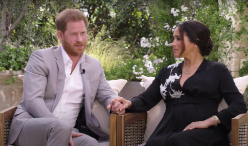 Prince Harry and Meghan Markle being interviewed by Oprah in March 2021