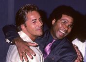 Don Johnson and Philip Michael Thomas at a press conference for "Miami Vice" in 1985