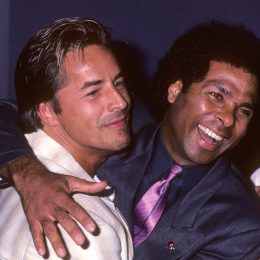 Don Johnson and Philip Michael Thomas at a press conference for "Miami Vice" in 1985