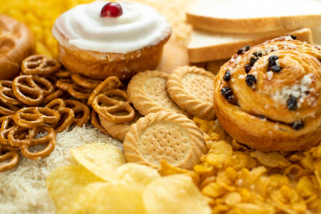 Cakes, cookies, chips, and processed foods