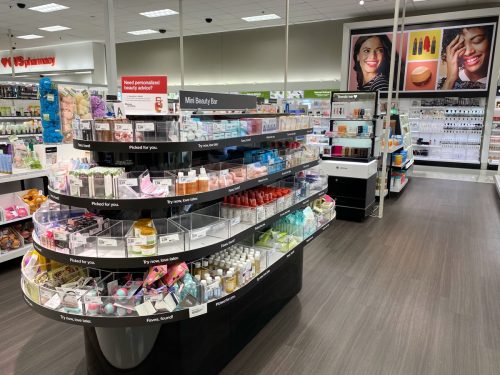 a local Target retail store featured an upgraded beauty department, with a section dedicated to mini beauty products a d large open spaces and fresh design.