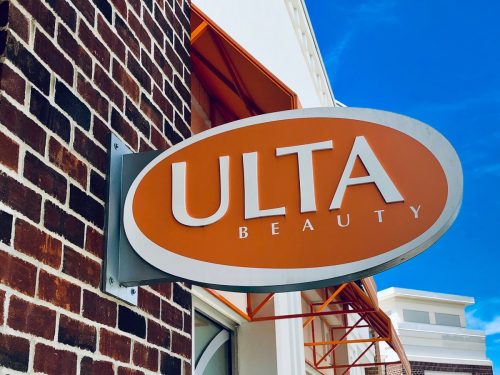 Ulta Beauty store front sign located at Laurel Town Centre in Laurel, Maryland.