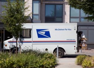 Detail of the US mail delivery truck in New York. US postal servise as independent agnecy was formed in 1971.