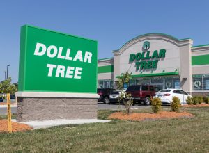 The exterior signage of a Dollar Tree store