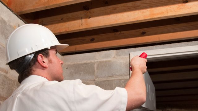 An exterminator or pest control agent looking at eaves in the ceiling of a basement or attic