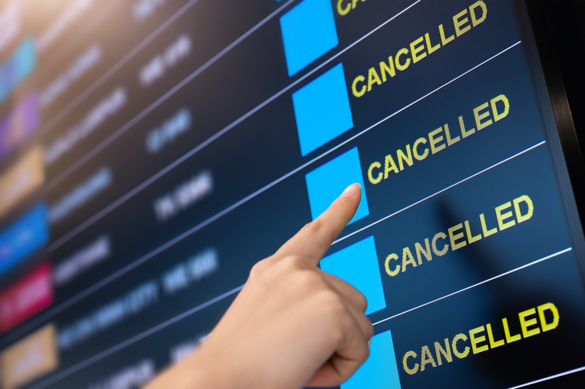 Airport lockdown, canceled flights on information timetable board at airport as coronavirus outbreak pandemic spread worldwide