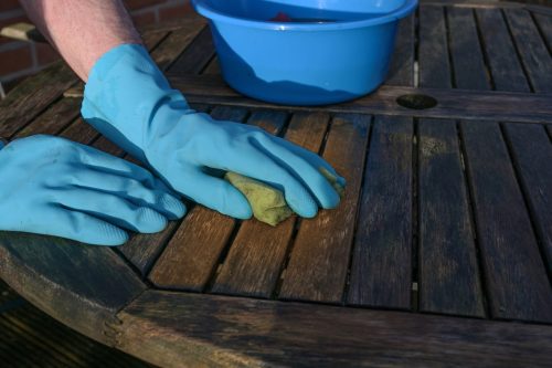 blue glove cleaning deck