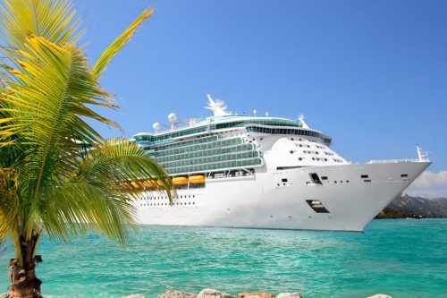 Docked cruise ship and palm trees