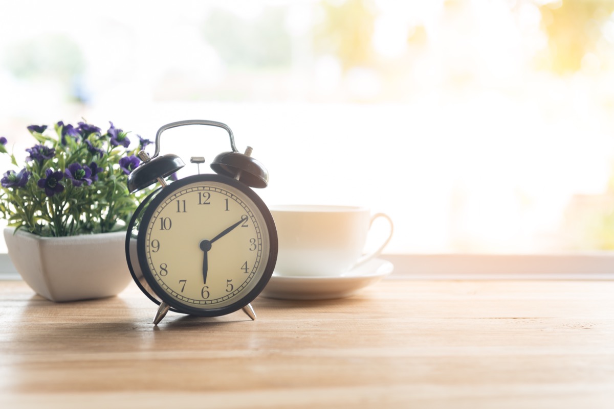 Clock, plant and coffee cup