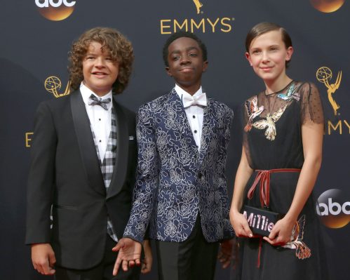 Gaten Matarazzo, Caleb McLaughlin, and Millie Bobby Brown at the 2016 Emmys