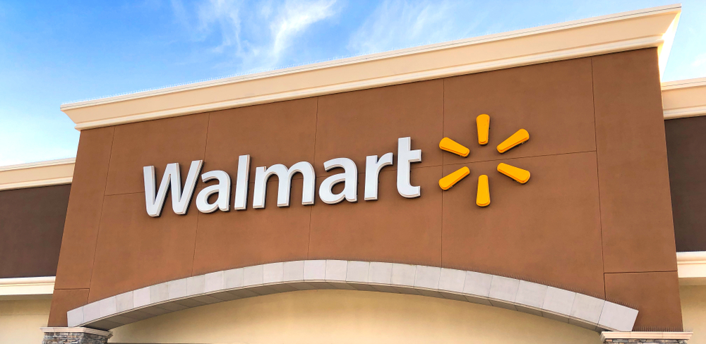 The exterior sign of a Walmart store