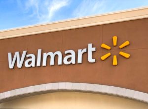 The exterior sign of a Walmart store