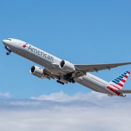 An American Airlines plane taking off into the sky