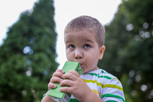 Portrait of a little boy drinking fruit juice through a straw in the park