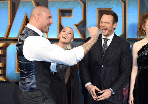 Dave Bautista, Pom Klementieff, and Chris Pratt at a London screening of "Guardians of the Galaxy Vol. 2" in 2017