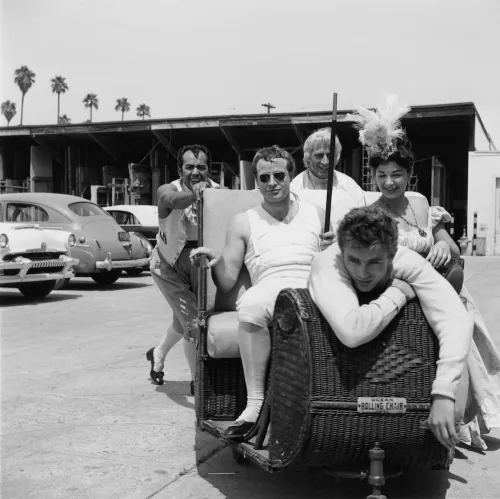 Marlon Brando, James Dean, and others at Twentieth Century Fox studios in 1954 at the time Brando was filming 
