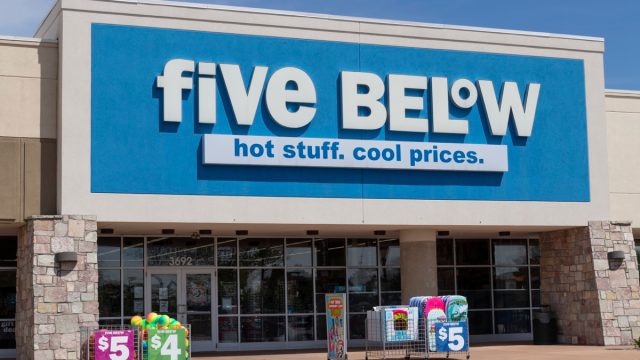 Five Below Retail Store. Five Below is a chain that sells products that cost up to 5 dollars.