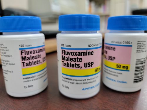 The bottles of Fluvoxamine Maleate tablets on a table