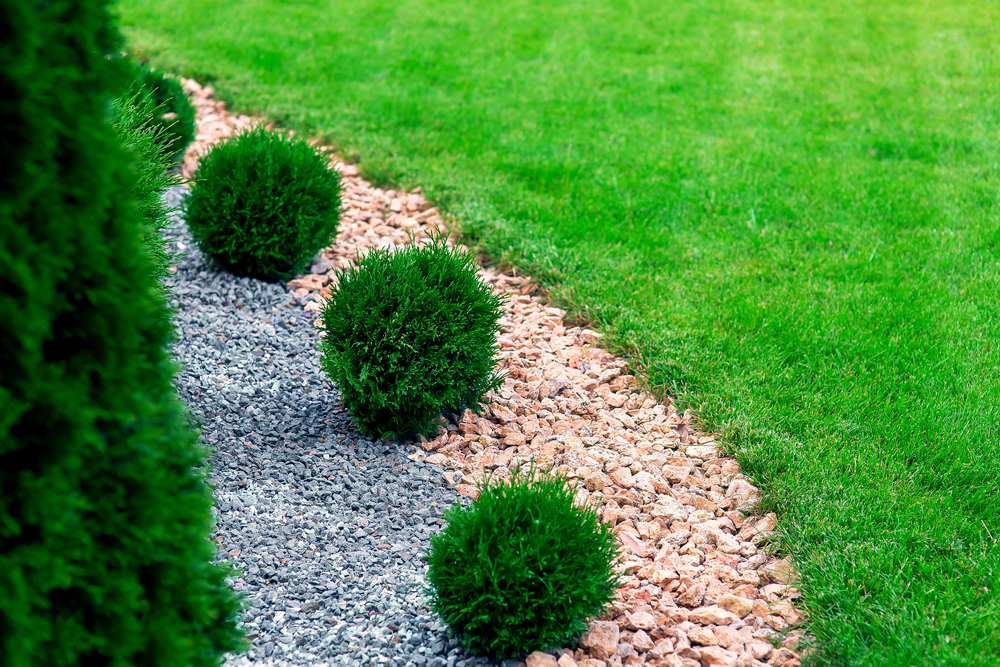 A lawn decorated with rocks and gravel in a garden bed