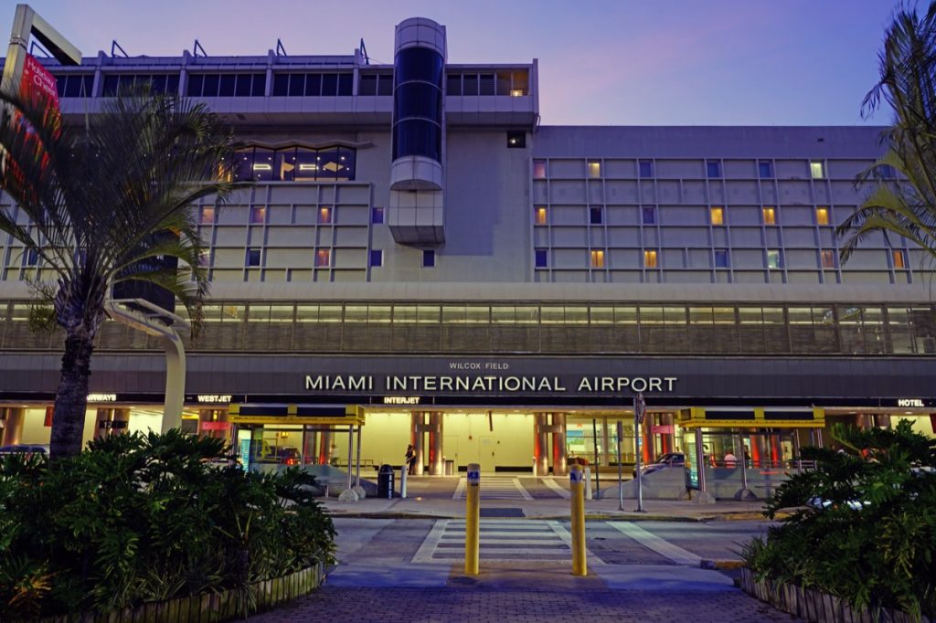 Exterior of Miami International Airport at dusk