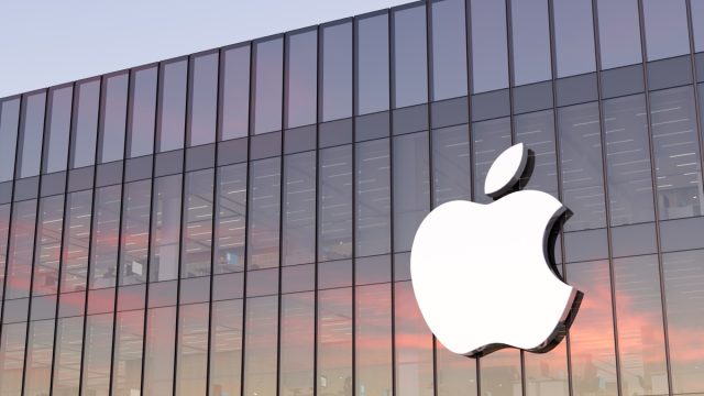 apple corporation logo on side of building