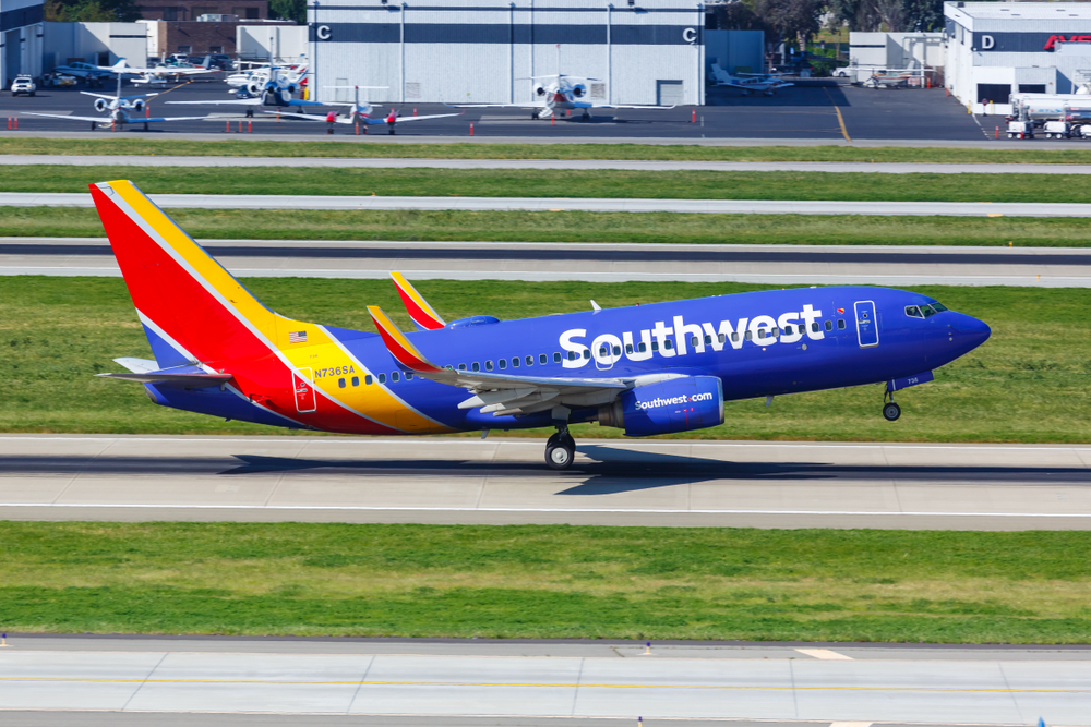 A Southwest Airlines flight landing at an airport