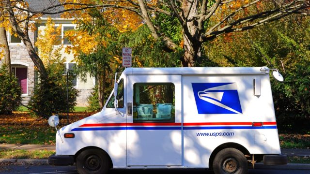 View of a delivery truck from the United States Postal Service (USPS) on the street in New Jersey, United States