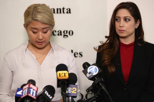 Youngjoo Hwang and lawyer Anahita Sedaghatfar announcing the lawsuit in 2018