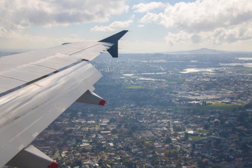 Aerial window view, approaching Auckland Airport