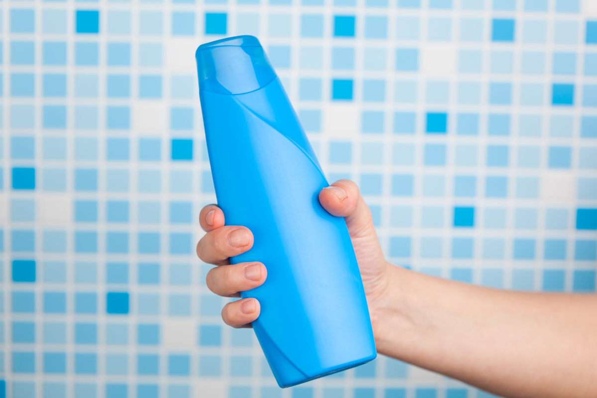 blue shampoo bottle