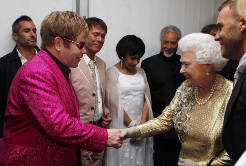 Elton John and Queen Elizabeth II after the Diamond Jubilee Buckingham Palace Concert in 2012