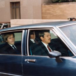 John Hinckley, Jr. in the back seat of a car outside of federal court in Washington D.C. circa 1990