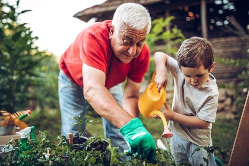 Großvater und Enkel spielen im Hinterhof mit Gartengeräten