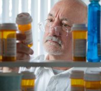 A senior man looking at pills from his medicine cabinet