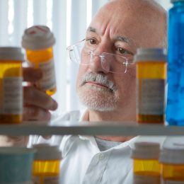 A senior man looking at pills from his medicine cabinet