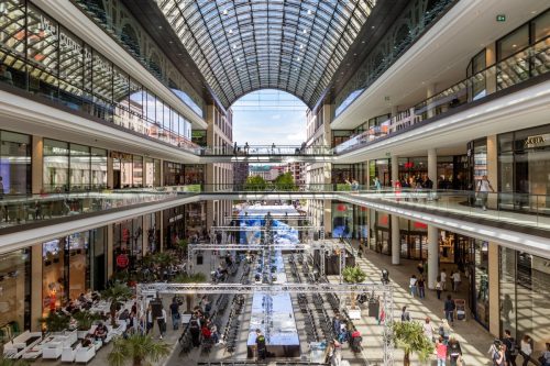 Interior view of the new Mall of Berlin shopping centre at Leipziger Platz. The mall has various shopping facilities on four floors.