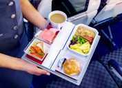 tray of airplane food served by flight attendant