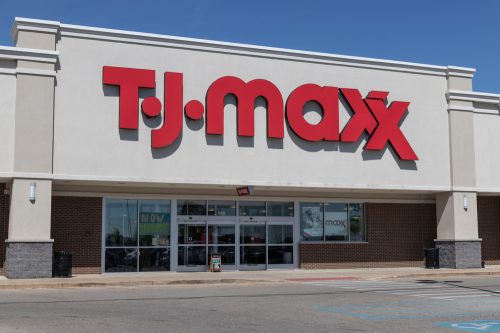 A T.J. Maxx storefront photographed from a parking lot