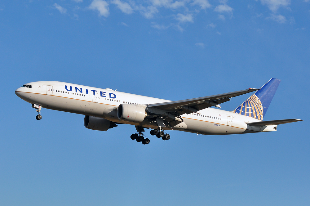 A United Airlines plane flying after takoff