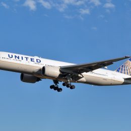 A United Airlines plane flying after takoff